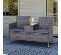 Outsunny 2-Seater PE Rattan Outdoor Garden Bench w/ Centre Table Grey