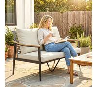 Outsunny 2 Seater Rattan Garden Sofa with Wood-Effect Arms, Cushions, Khaki, Brown