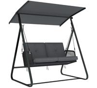 Outsunny 2-Seater Rattan Swing Chair, Outdoor Garden Hanging Swing Seat with Stand, Adjustable Canopy and Soft Cushions, Porch Hanging Chair for Balcony, Garden, Dark Grey