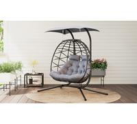 Outsunny 2-Seater Rattan Swing Chair with Canopy: Grey Double Egg Swing Chair with Adjustable Canopy