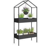 Outsunny 2 Tier Plant Stand Metal Plant Shelves with Hook Black