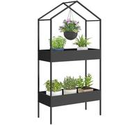 Outsunny 2 Tier Plant Stand Metal Plant Shelves with Hook Black | House-Shaped Pots Holder Display Rack, Garden, Patio, Balcony, Living Room, Outdoor Use