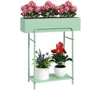 Outsunny 2 Tier Plant Stand, Metal Rack Shelf with Drainage Holes, Floor-standing Flower Pot Stand for Living Room Garden Patio Balcony Indoor Outdoor Use, Green