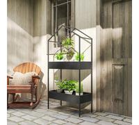 Outsunny 2 Tier Plant Stand, Outdoor Indoor Metal Plant Stand with Hook