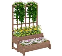 Outsunny 2-Tier Wooden Raised Bed with Trellis and Drainage Holes, Brown