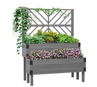 Outsunny 2-Tier Raised Garden Bed with Trellis, Wooden Elevated Planter Box with Drainage Holes and Metal Corners, Outdoor Raised Planter for Vegetables, Flowers, Herbs, Grey