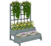 Outsunny 2-Tier Wooden Raised Bed with Trellis and Drainage Holes, Brown - Grey - Fir Wood - 88W x 66D x 121H cm