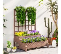 Outsunny 2-Tier Raised Garden Bed with Trellis, Wooden Elevated Planter Box with Drainage Holes, Outdoor Raised Planter for Climbing Plants, Fruits, Vegetables, Flowers, Brown