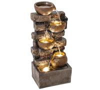 Outsunny 28" Outdoor Fountain with 5-Tier Rustic Jugs and Rock Design, Cascading Waterfall Feature with LED Lights, Adjustable Flow, Resin Freestanding Garden Fountain, Rustic Brown