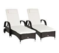 Outsunny 2PC Rattan Sun Lounger Recliner Bed Reclining Chair Patio Garden Outdoor Wicker Weave Adjustable Headrest with Fire Retardant Cushion - Brown