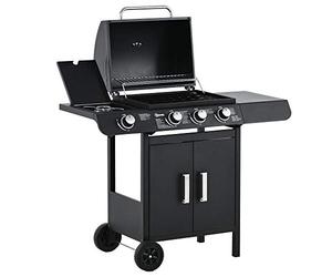 Outsunny 3+1 Burner Gas BBQ Grill, Outdoor Barbecue Trolley with Wheels, Warming Rack, Side Shelves, Cabinet, Thermometer for Garden, Party, Camping, 110L x 50W x 100Hcm, Black