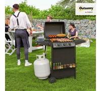 Outsunny 3+1 Burner Gas BBQ Grill with Built-in Thermometer, Lid, Portable Gas Barbecue Grill with Side Table, Shelf, Spice Rack, Wheels, Grease Cup for Garden Party Outdoor Cooking, Black Black