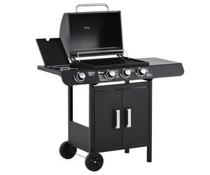 Outsunny 3+1 Burner Gas BBQ Grill with Wheels 110L x 50W x 100Hcm Black | Outdoor Barbecue Trolley, Warming Rack, Side Shelves, Cabinet, Thermometer, for Garden, Party, Camping