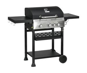 Outsunny 3+1 Gas Burner Grill 11.5 kW with Wheels Warming Rack Black | Propane Gas Barbecue BBQ Grill, Thermometer, Shelves, Bottle Opener