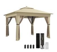 Outsunny 3.36 x 3.36m Pop Up Gazebo with Sides, 20 Solar-Powered LED Lights, Netting, Roller Bag, 4 Weight Bags, Marquee Party Tent, Height Adjustable Instant Event Shelter, Khaki