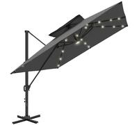 Outsunny 3.5x3 m Garden Cantilever Parasol with Solar LED Lights and Centre Light, UPF50+ Aluminium Patio Umbrella with 360 Rotation and Tilt, Hanging Sun Shade with Cross Base, Crank Handle, Black Kh