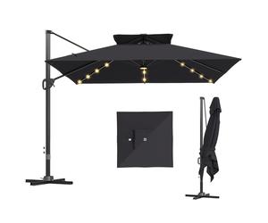 Outsunny 3.5x3 m Garden Cantilever Parasol with Solar LED Lights and Centre Light, UPF50+ Aluminium Patio Umbrella with 360° Rotation and Tilt, Hanging Sun Shade with Cross Base, Crank Handle, Black
