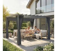 Outsunny 3.6 x 3 m Aluminium Pergola with Retractable Roof Canopy, Curtains - Retractable polyester canopy - 7.6 x 7.6 cm - Aluminium, Polyester