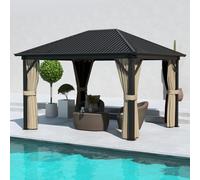 Outsunny 3.6 x 3(m) Metal Backyard Hardtop Gazebo with Screened Curtain Brown