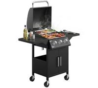 Outsunny 3 Burner Gas BBQ Outdoor Grill Portable Barbecue Trolley Black | 8.7 kW, Warming Rack, Side Shelves, Storage Cabinet, Thermometer, Carbon Steel, Patio Garden Party Outdoor Cooking