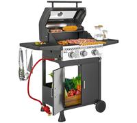Outsunny 3 Burner Gas BBQ Trolley with See-through Lid, 7.5 kW Propane Gas Barbecue Grill with Thermometer, Wheels, Warming Rack, Shelves, Black