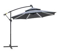 Outsunny 3(m) Cantilever Banana Parasol Hanging Umbrella with Double Roof, LED Solar lights, Crank, 8 Sturdy Ribs and Cross Base for Outdoor, Garden
