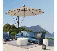 Outsunny 3(m) Garden Cantilever Parasol with Cover and Wind Protection Strap, Round Overhanging Umbrella with Crank Handle and Tilt, Banana Patio Umbrella for Outdoor Sun Shade, UPF50+, Khaki