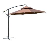 Outsunny 3(m) Cantilever Parasol Banana Hanging Umbrella with Double Roof, LED Solar lights, Crank, 8 Sturdy Ribs and Cross Base for Outdoor, Coffee