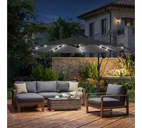 Outsunny 3 m Cantilever Parasol with Solar LED Lights, Garden Umbrella with Protective Cover and Wind Ropes, Hanging Offset Banana Parasol with Cross Base and Crank Handle, Black