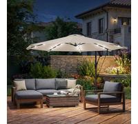 Outsunny 3 m Cantilever Parasol with Solar LED Lights, Garden Umbrella with Protective Cover and Wind Ropes, Hanging Offset Banana Parasol with Cross Base and Crank Handle, Cream White