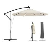 Outsunny 3 m Cantilever Parasol with Solar LED Lights, Garden Umbrella with Protective Cover and Wind Ropes, Hanging Offset Banana Parasol with Cross Base and Crank Handle, Cream White