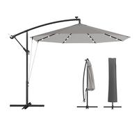 Outsunny 3 m Cantilever Parasol with Solar LED Lights, Garden Umbrella with Protective Cover and Wind Ropes, Hanging Offset Banana Parasol with Cross Base and Crank Handle, Light Grey