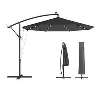 Outsunny 3 m Cantilever Parasol with Solar LED Lights, Garden Umbrella with Protective Cover and Wind Ropes, Hanging Offset Banana Parasol with Cross Base and Crank Handle, Black