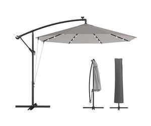 Outsunny 3 m Cantilever Parasol with Solar LED Lights, Garden Umbrella with Protective Cover and Wind Ropes, Hanging Offset Banana Parasol with Cross Base and Crank Handle, Light Grey