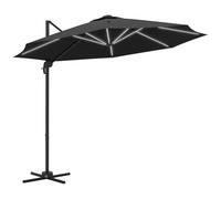 Outsunny 3(m) Cantilever Roma Parasol Adjustable Garden Sun Umbrella with LED Solar Light, Aluminium Frame, Tilt & Crank, UV50+, Cross Base Rotating Outdoor- Dark Grey