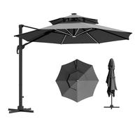 Outsunny 3 m Cantilever Roma Parasol with LED Solar Lights, Crank and Tilt, Aluminium Frame, Cross Base and Ad