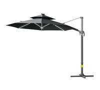 Outsunny 3 m Cantilever Roma Parasol with LED Solar Lights, Crank and Tilt, Aluminium Frame, Cross Base and Adjustable Canopy 360° Rotating Sun Umbrella with 2-Tier Shade, Grey