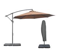 Outsunny 3(m) Garden Banana Parasol Cantilever Umbrella with Crank Handle, Cross Base, Weights and Cover, Hanging Sun Shade, Coffee Aosom UK