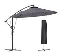 Outsunny 3(m) Garden Cantilever Parasol with Cover and Wind Protection Strap, Round Overhanging Umbrella with Crank Handle and Tilt, Banana Patio Umbrella for Outdoor Sun Shade, UPF50+, Grey Khaki