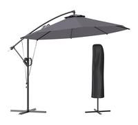 Outsunny 3(m) Garden Cantilever Parasol with Cover and Wind Protection Strap, Round Overhanging Umbrella with Crank Handle and Tilt, Banana Patio Umbrella for Outdoor Sun Shade, UPF50+, Grey