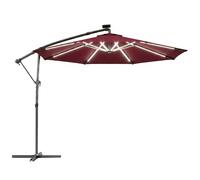 Outsunny 3 m Garden Cantilever Parasol with LED Solar Light, Round Overhanging Umbrella with 360° Rotation, Cover, Wine Red