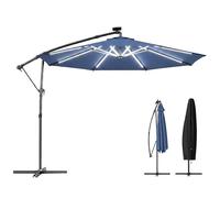 Outsunny 3 m Garden Cantilever Parasol with LED Solar Light, Round Overhanging Umbrella with 6-Position 360° Rotation, Crank Handle, Tilt, Cover, Banana Patio Umbrella for Outdoor Sun Shade, Navy Blue