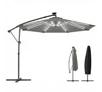 Outsunny 3 m Garden Cantilever Parasol with LED Solar Light, Round Overhanging Umbrella with 6-Position 360° Rotation, Crank Handle, Tilt, Cover, Banana Patio Umbrella for Outdoor Sun Shade, Grey