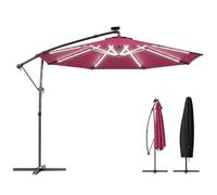 Outsunny 3 m Garden Cantilever Parasol with LED Solar Light, Round Overhanging Umbrella with 6-Position 360° Rotation, Crank Handle, Tilt, Cover, Banana Patio Umbrella for Outdoor Sun Shade, Wine Red