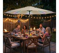 Outsunny 3 m Garden Parasol Umbrella with 112 Solar Powered LED Lights, Outdoor Table Market Patio Umbrella with Crank Handle, Tilt, UPF 50+, for Garden, Outdoor, Beige