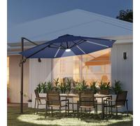 Outsunny 3 m Cantilever Roma Parasol Garden Sun Umbrella Outdoor Patio with 360 Degree Rotation Crank and Tilt Aluminium Frame LED Solar Light Cross Base, Blue