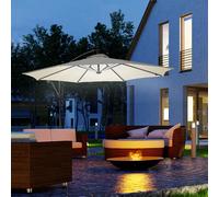 Outsunny 3(m) LED Patio Banana Umbrella Cantilever Parasol w/ Crank, Off-White