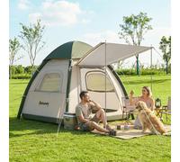 Outsunny 3 Man Inflatable Camping Tent w/ 3000mm Waterproof Rainfly - Beige - Carry bag, manual air pump, guy ropes, ground stakes, support poles - 3 persons