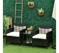 Outsunny 3 PC Outdoor Rattan Set with 2 Chairs, Coffee Table, Cushions - Black - Steel, PE rattan, Polyester, Tempered glass - 63cm x 68cm x 78cm