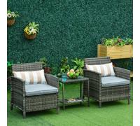 Outsunny 3 PC Outdoor Rattan Set with 2 Chairs, Coffee Table, Cushions - Grey - Steel, PE rattan, Polyester, Tempered glass - 63cm x 68cm x 78cm